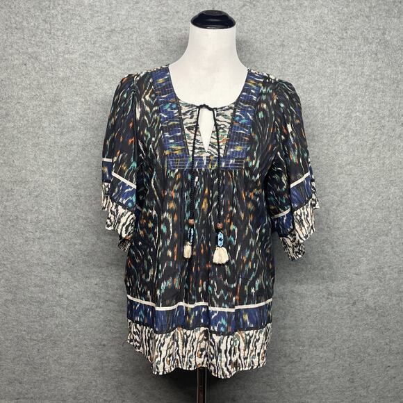 Democracy Womens Large Boho Top Black Multi Colored Beaded Wood Tassel V Neck - Picture 2 of 10